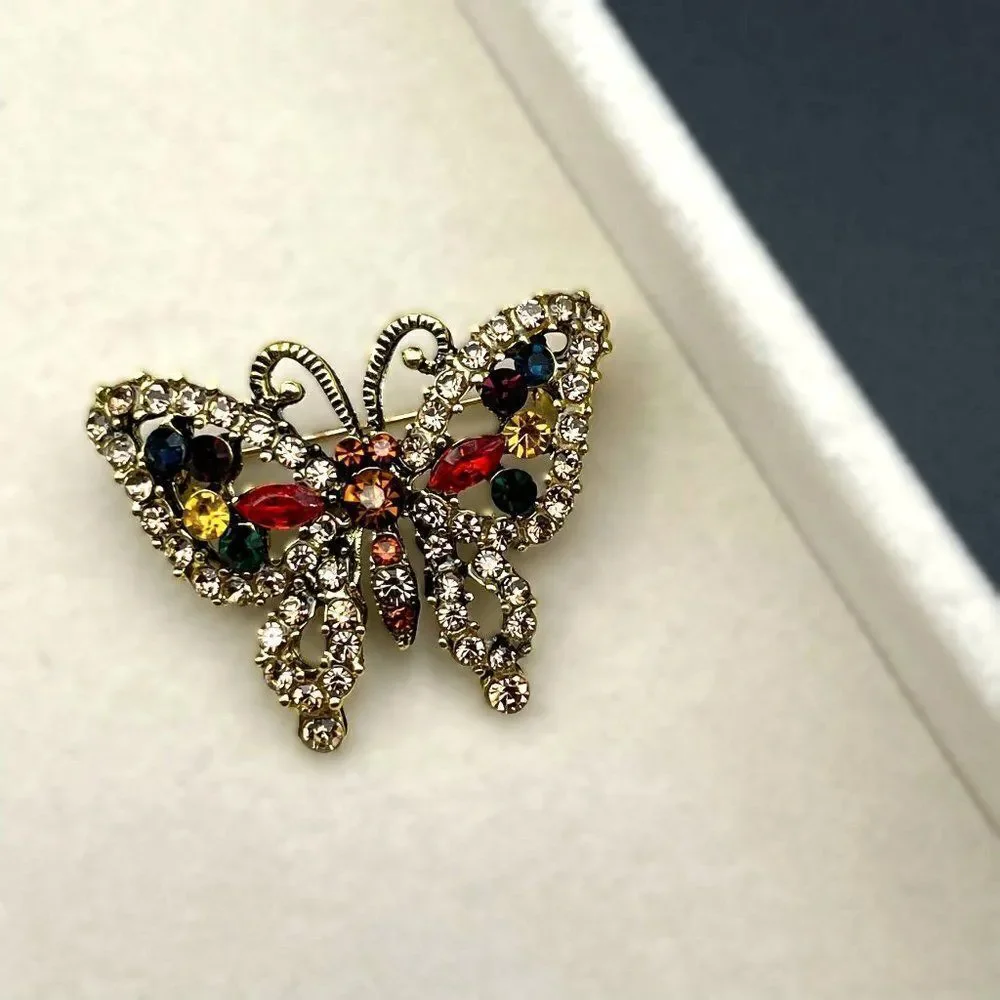Yellow Gold with Champagne Topaz and Multi Crystal Butterfly Pin Back Brooch